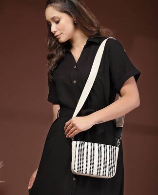 Anekaant earth edit off white & black jacquard striped sling bag 3