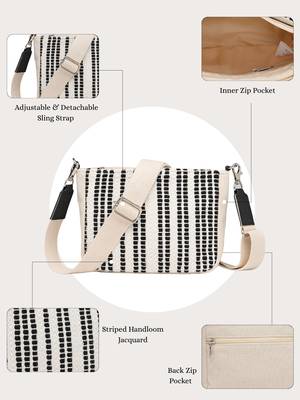 Anekaant earth edit off white & black jacquard striped sling bag 4