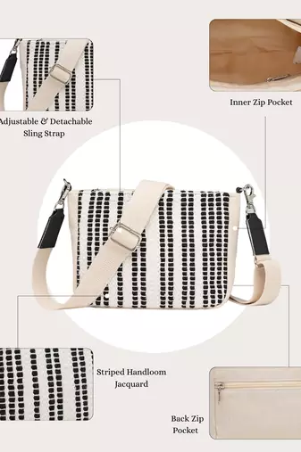 Anekaant earth edit off white & black jacquard striped sling bag