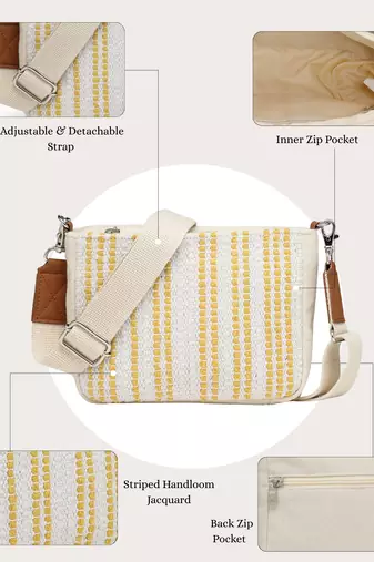 Anekaant earth edit off white & mustard jacquard striped sling bag