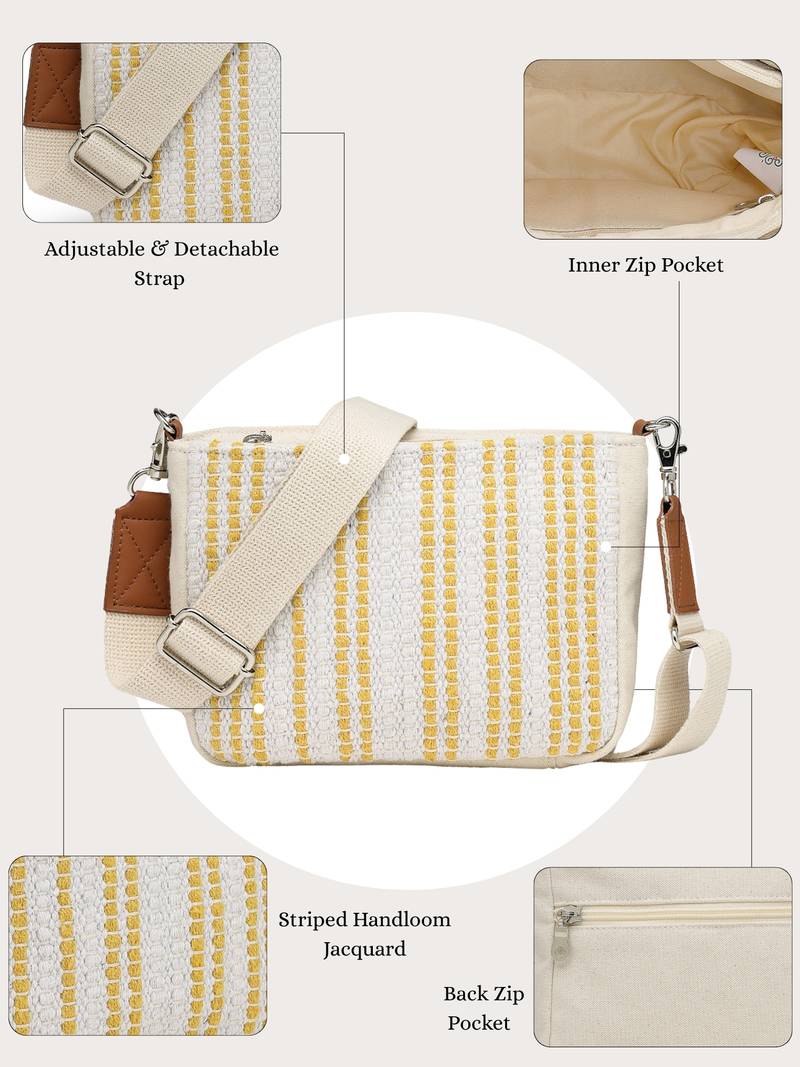 Anekaant earth edit off white & mustard jacquard striped sling bag