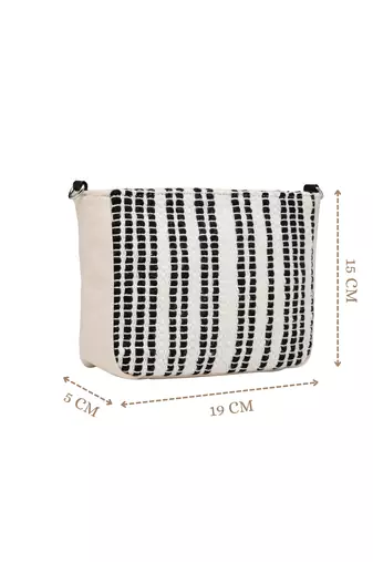 Anekaant earth edit off white & black jacquard striped sling bag