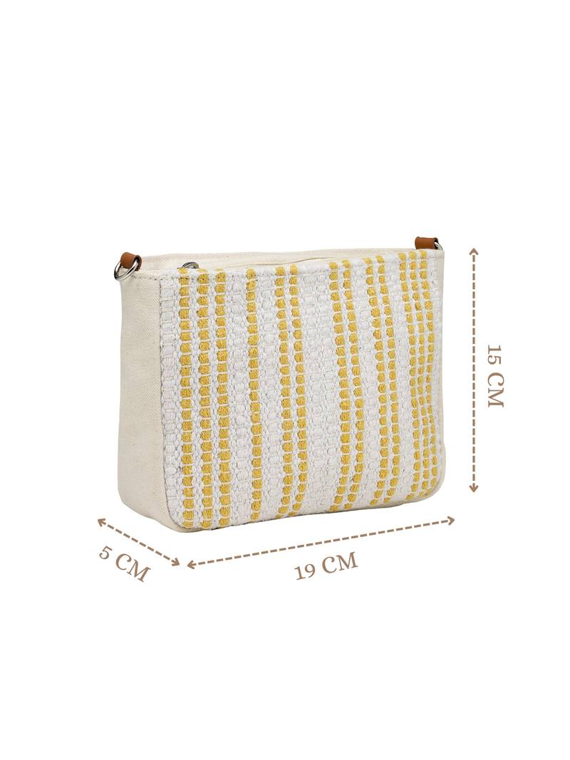 Anekaant earth edit off white & mustard jacquard striped sling bag