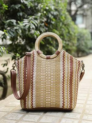 Anekaant earth knots tan jute striped handheld bag 1