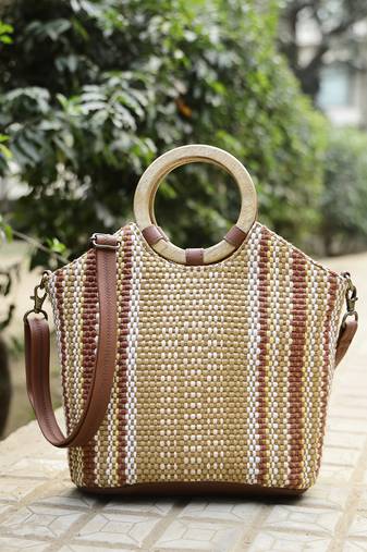 Anekaant earth knots tan jute striped handheld bag