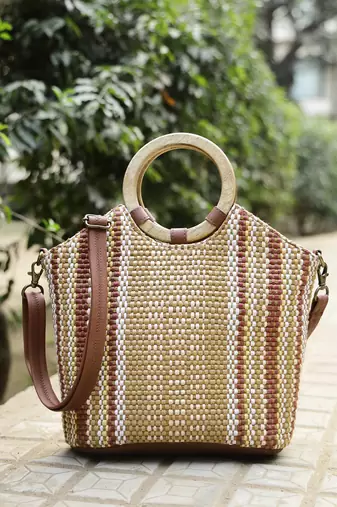 Anekaant earth knots tan jute striped handheld bag