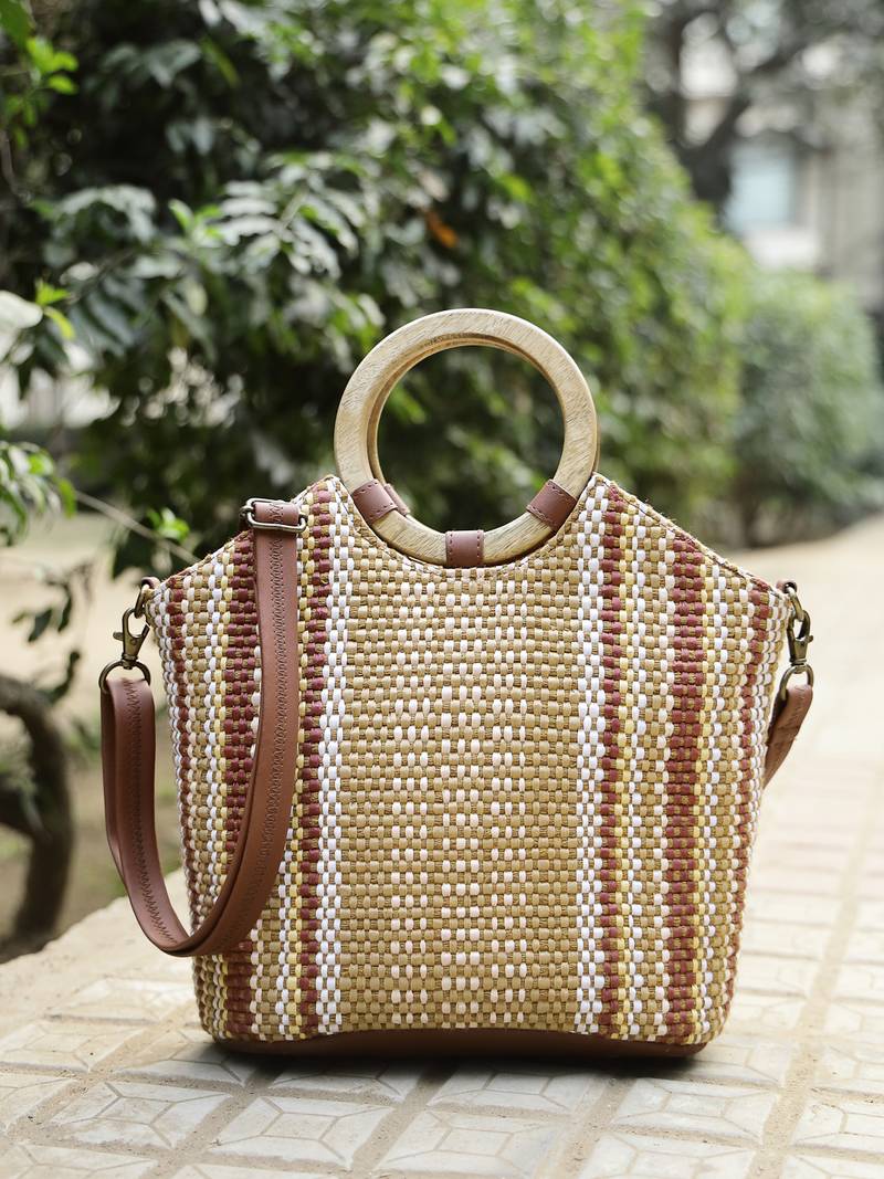 Anekaant earth knots tan jute striped handheld bag