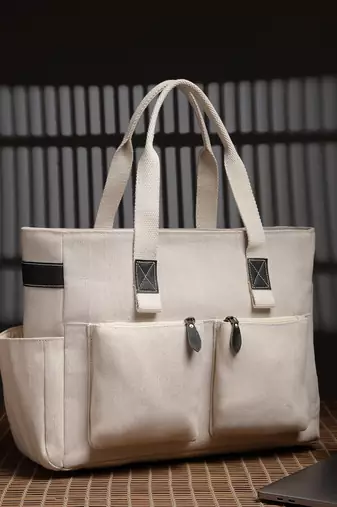 Anekaant timber & thread off white jute solid tote bag