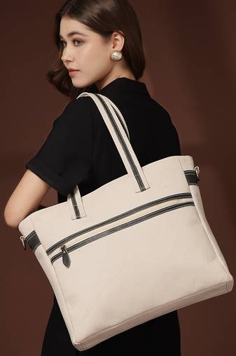Anekaant timber & thread off white cotton solid tote bag