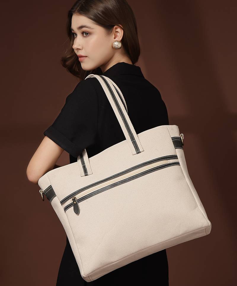 Anekaant timber & thread off white cotton solid tote bag
