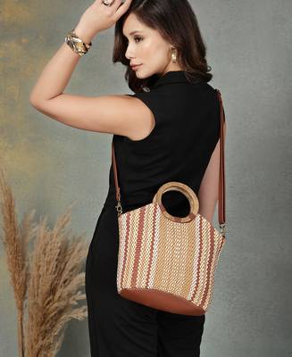Anekaant earth knots tan jute striped handheld bag 3