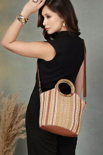 Anekaant earth knots tan jute striped handheld bag