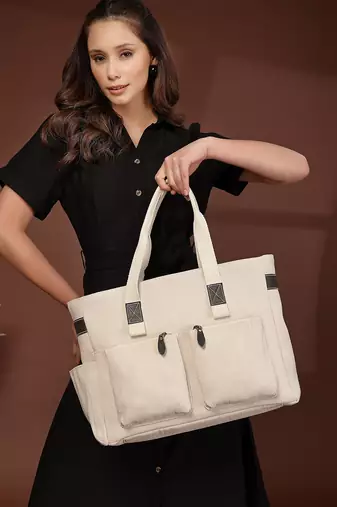 Anekaant timber  &  thread off white jute solid tote bag