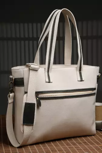 Anekaant timber  &  thread off white cotton solid tote bag