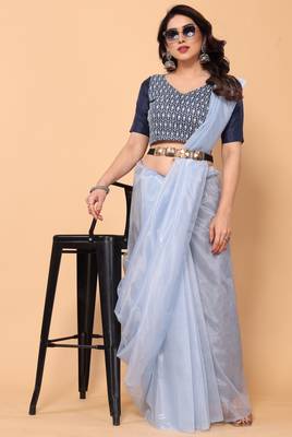 light blue twill net saree with minimal design 1
