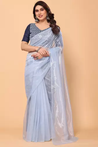 light blue twill net saree with minimal design