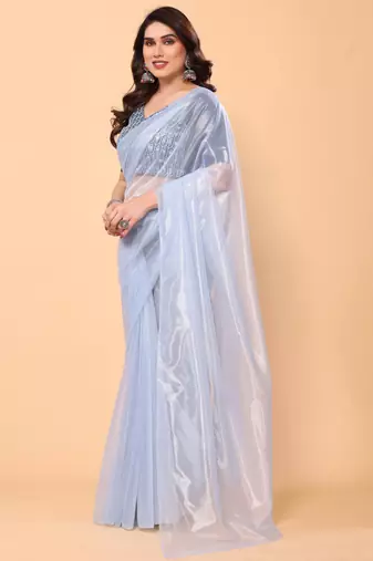 light blue twill net saree with minimal design