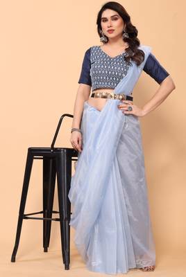 light blue twill net saree with minimal design 5