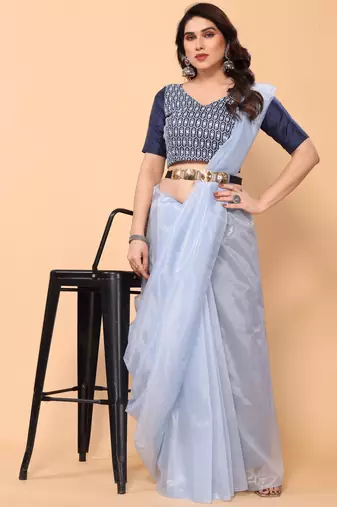 light blue twill net saree with minimal design