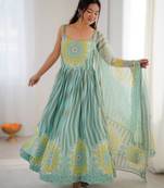 green calicut style anarkali gown set in soft fox georgette with organza dupatta