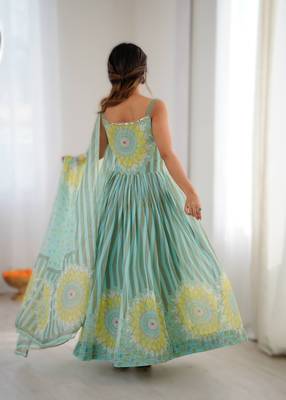 green calicut style anarkali gown set in soft fox georgette with organza dupatta 2