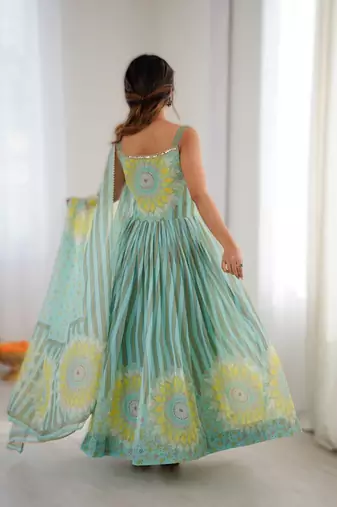 green calicut style anarkali gown set in soft fox georgette with organza dupatta