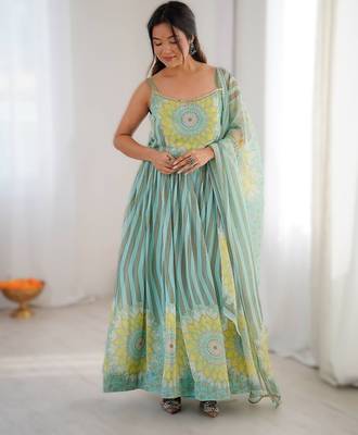 green calicut style anarkali gown set in soft fox georgette with organza dupatta 3