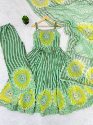 green calicut style anarkali gown set in soft fox georgette with organza dupatta 4