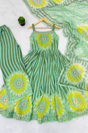 green calicut style anarkali gown set in soft fox georgette with organza dupatta