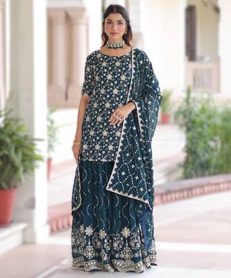 teal blue readymade top sharara dupatta set faux georgette with sequins embroidery 1