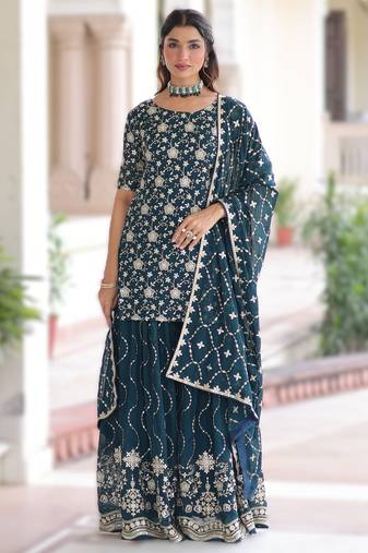 teal blue readymade top sharara dupatta set faux georgette with sequins embroidery