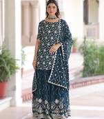 teal blue readymade top sharara dupatta set faux georgette with sequins embroidery