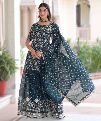 teal blue readymade top sharara dupatta set faux georgette with sequins embroidery 2