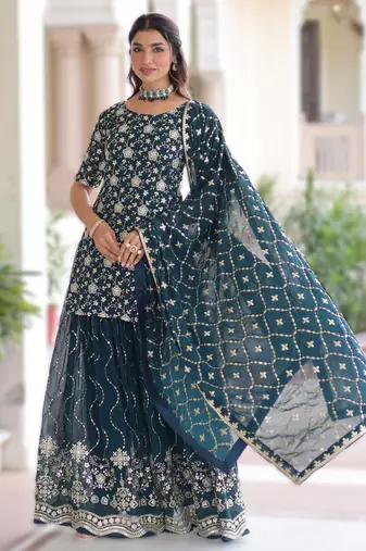 teal blue readymade top sharara dupatta set faux georgette with sequins embroidery