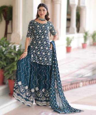 teal blue readymade top sharara dupatta set faux georgette with sequins embroidery 3