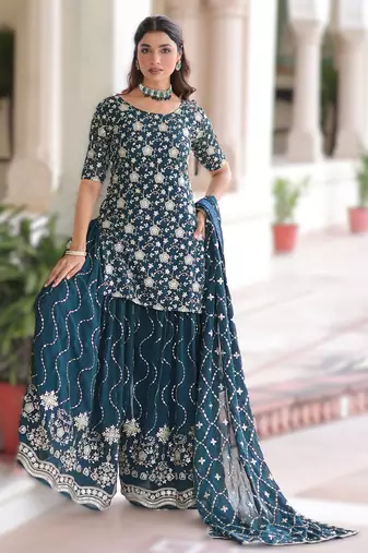 teal blue readymade top sharara dupatta set faux georgette with sequins embroidery