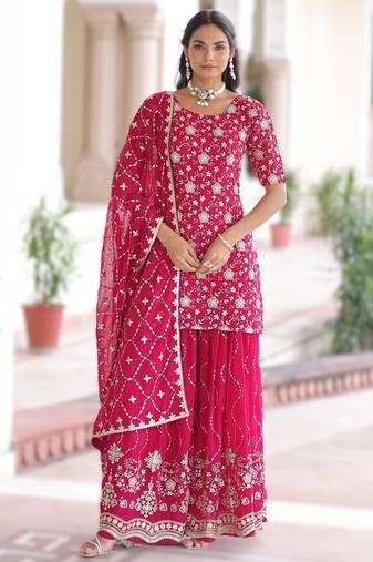 pink readymade top sharara dupatta set faux georgette with sequins embroidery