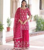 pink readymade top sharara dupatta set faux georgette with sequins embroidery