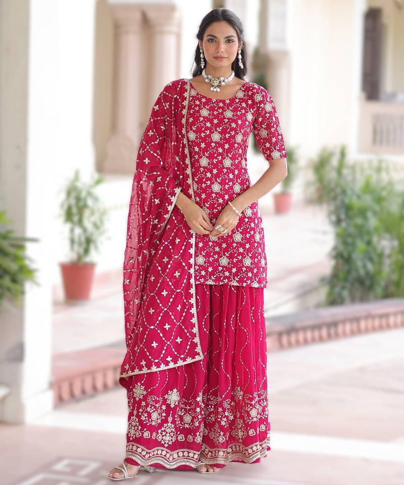pink readymade top sharara dupatta set faux georgette with sequins embroidery