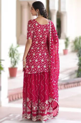 pink readymade top sharara dupatta set faux georgette with sequins embroidery