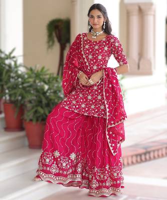 pink readymade top sharara dupatta set faux georgette with sequins embroidery 3