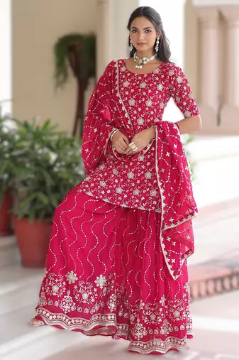 pink readymade top sharara dupatta set faux georgette with sequins embroidery