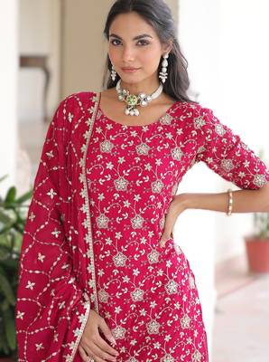 pink readymade top sharara dupatta set faux georgette with sequins embroidery 4