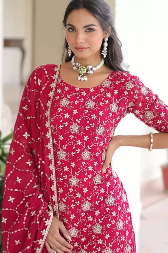 pink readymade top sharara dupatta set faux georgette with sequins embroidery