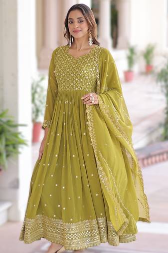 mehendi faux georgette sequins & zari embroidered gown with dupatta