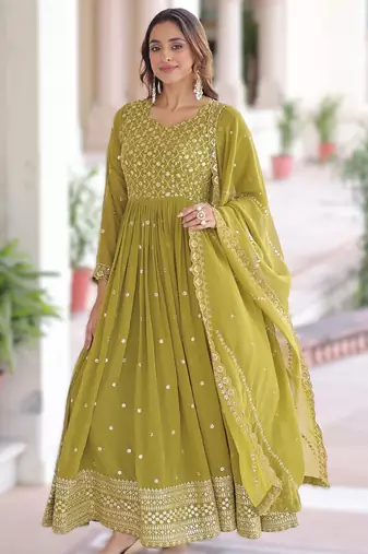 mehendi faux georgette sequins & zari embroidered gown with dupatta