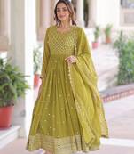 mehendi faux georgette sequins & zari embroidered gown with dupatta