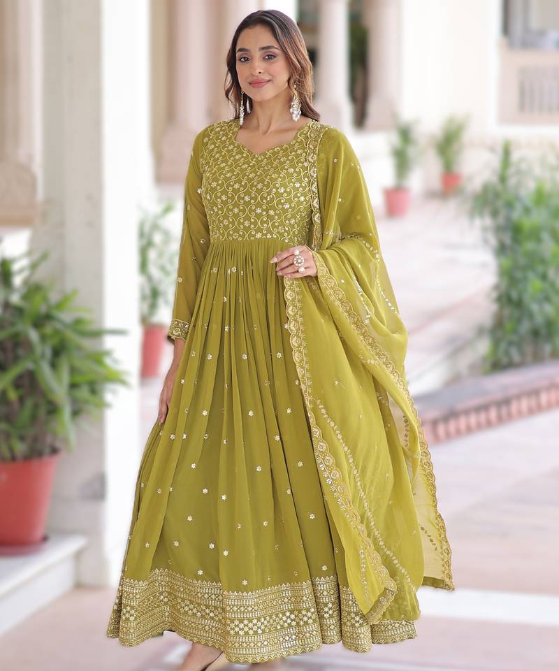 mehendi faux georgette sequins & zari embroidered gown with dupatta