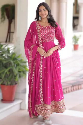 pink faux georgette sequins & zari embroidered gown with dupatta