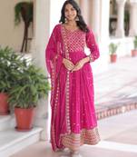 pink faux georgette sequins & zari embroidered gown with dupatta